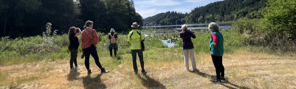 People standing around and observing wildlife at a lake